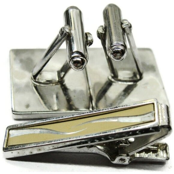 Anson Cufflinks Neck Tie Clip Set Two Tone Brushed Tux Shirt Dress Suit Vintage - Picture 8 of 8